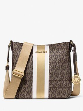 New Michael Kors Jet Set Small Signature Logo Stripe Crossbody Bag Brown Multi